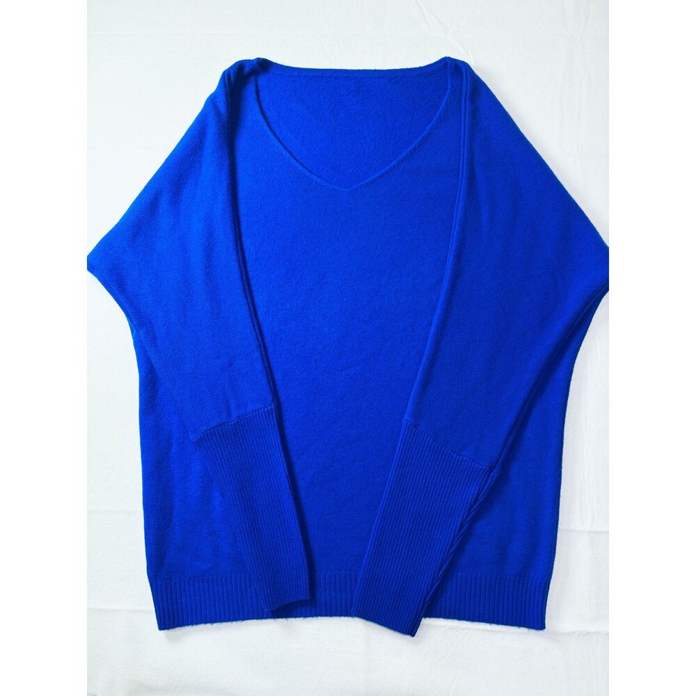 100% Cashmere V Neck Dolman Batwing Sleeve Sweater Royal Blue Women Medium